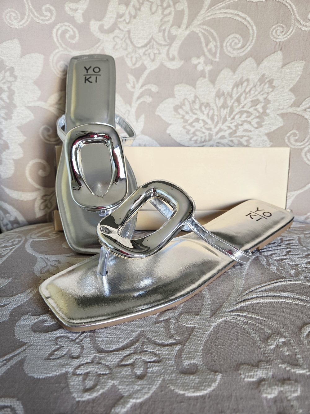 Yoki Silver Metallic Square-Toe Thong Sandals with Geometric Accent